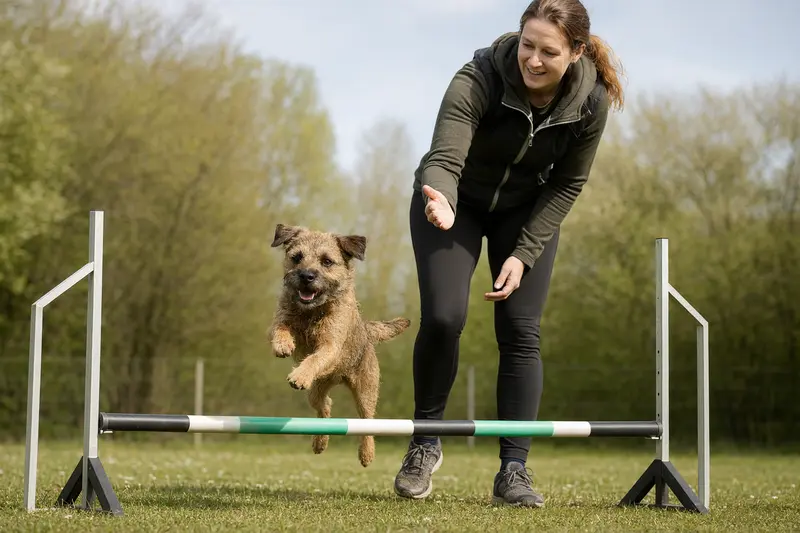 Ein Border Terrier trainiert mit seinem Besitzer auf einem Hundeplatz über eine kleine Hürde und zeigt dabei Freude und Bewegung.