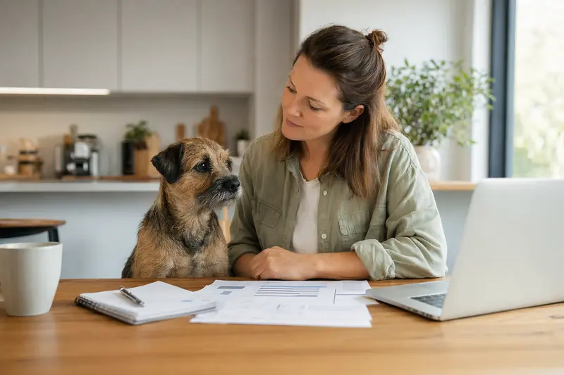 Ein ruhiger Border Terrier sitzt neben seinem Besitzer am Küchentisch, auf dem Versicherungsunterlagen und ein Laptop liegen.