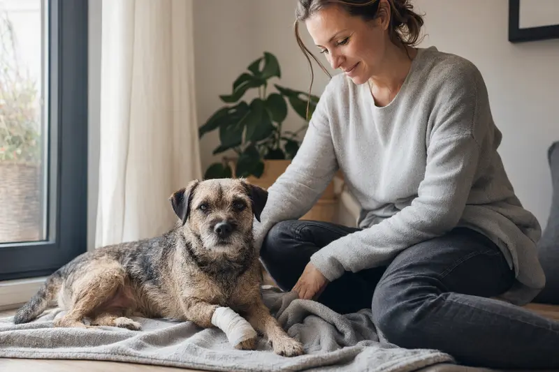 Ein Border Terrier mit leichtem Verband liegt entspannt auf einer Decke, während sein erleichterter Besitzer neben ihm sitzt.