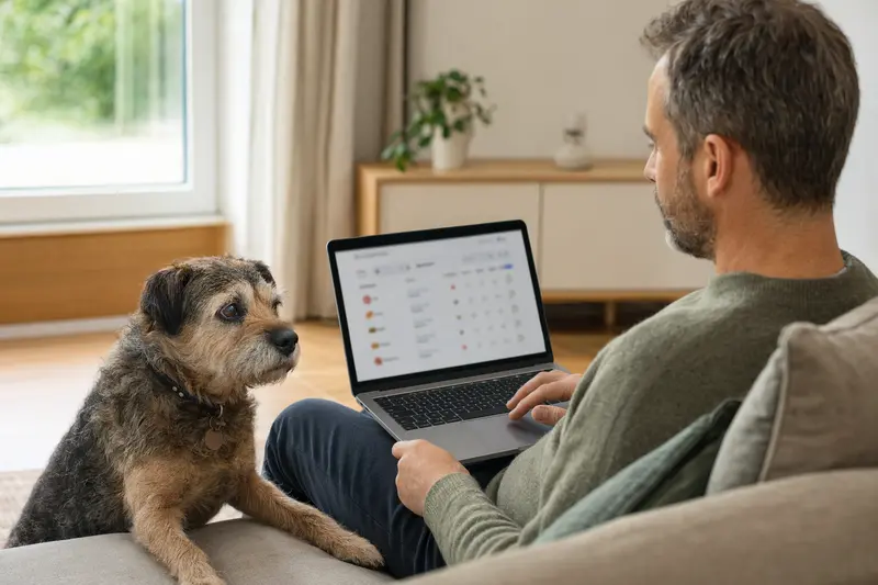 Ein Hundebesitzer arbeitet entspannt auf dem Sofa mit seinem Border Terrier, während er eine neutrale Versicherungsvergleichsseite betrachtet.