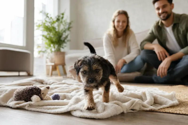 Ein neugieriger Border Terrier Welpe erkundet sein neues Zuhause mit einer liebevollen Familie im Hintergrund.