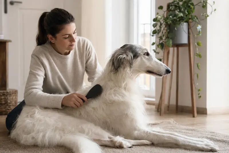 Ein Borzoi wird zuhause von seinem Besitzer sanft gebürstet und gepflegt.