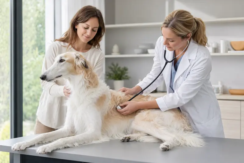 Ein ruhiger Borzoi Hund wird behutsam von einer freundlichen Tierärztin auf einem Untersuchungstisch in einer modernen Tierarztpraxis untersucht.