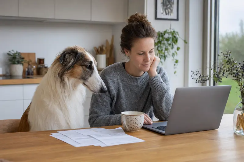 Ein Borzoi-Hund sitzt neben seinem Besitzer am Küchentisch, auf dem Versicherungsunterlagen und ein Laptop mit Vergleichsseite liegen.
