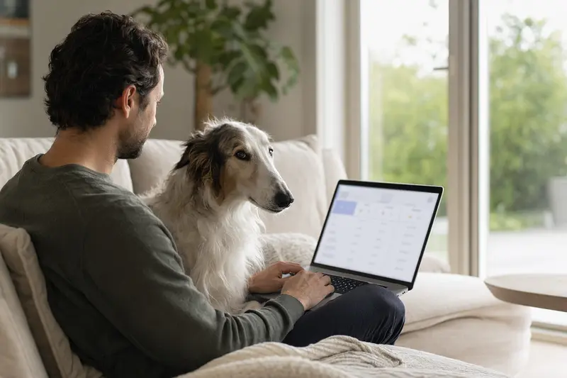 Ein Hundebesitzer sitzt mit seinem Borzoi auf dem Sofa und vergleicht Versicherungen am Laptop in einer ruhigen Wohnung.