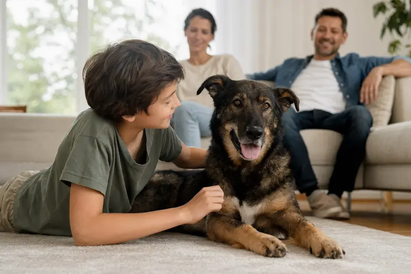 Ein entspannter Bosnisch-herzegowinischer-kroatischer Schäferhund liegt neben einem Kind im warmen Wohnzimmer.