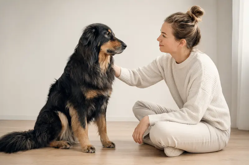 Ein aufmerksamer Bosnisch-herzegowinisch-kroatischer Schäferhund steht in natürlicher Haltung vor hellem Hintergrund.