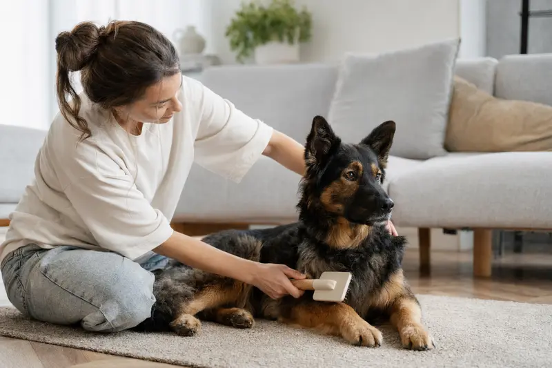 Ein Bosnisch-herzegowinischer-kroatischer Schäferhund wird in einer hellen Wohnung sanft gebürstet, während sein Besitzer liebevoll die Fellpflege übernimmt.