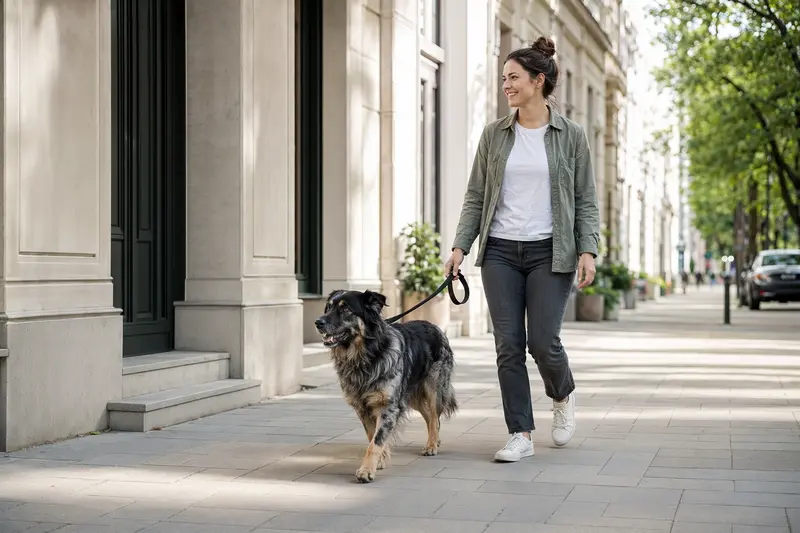 Ein bosnisch-herzegowinisch-kroatischer Schäferhund läuft an der Leine mit seinem Besitzer durch eine moderne Stadtstraße.