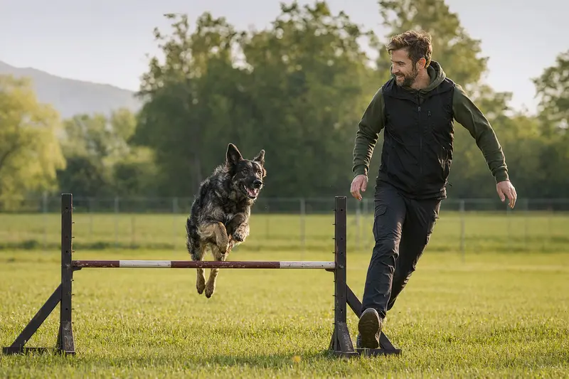 Bosnisch-herzegowinisch-kroatischer Schäferhund trainiert mit seinem Besitzer an einer kleinen Hürde auf dem Hundeplatz.