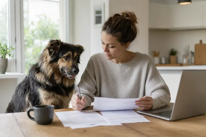 Ein ruhiger bosnisch-herzegowinischer-kroatischer Schäferhund sitzt neben seinem Besitzer an einem Küchentisch mit Versicherungsunterlagen.