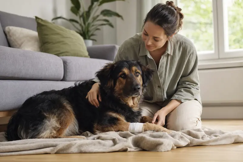 Ein Bosnisch-herzegowinischer-kroatischer Schäferhund mit Verband an der Pfote liegt entspannt neben seinem Besitzer in einer hellen Wohnung.