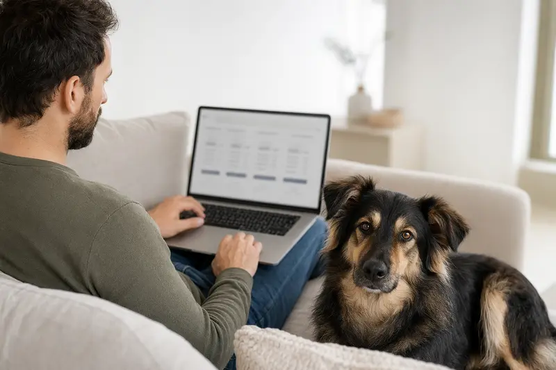 Ein Hundebesitzer sitzt mit einem Laptop auf dem Sofa, während ein Bosnisch-herzegowinischer-kroatischer Schäferhund neben ihm liegt und die ruhige Wohnung ausleuchtet.