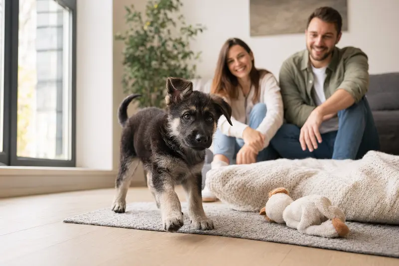 Ein neugieriger Bosnisch-herzegowinischer-kroatischer Schäferhund Welpe entdeckt seine neue, liebevolle Umgebung mit Familie im Hintergrund.