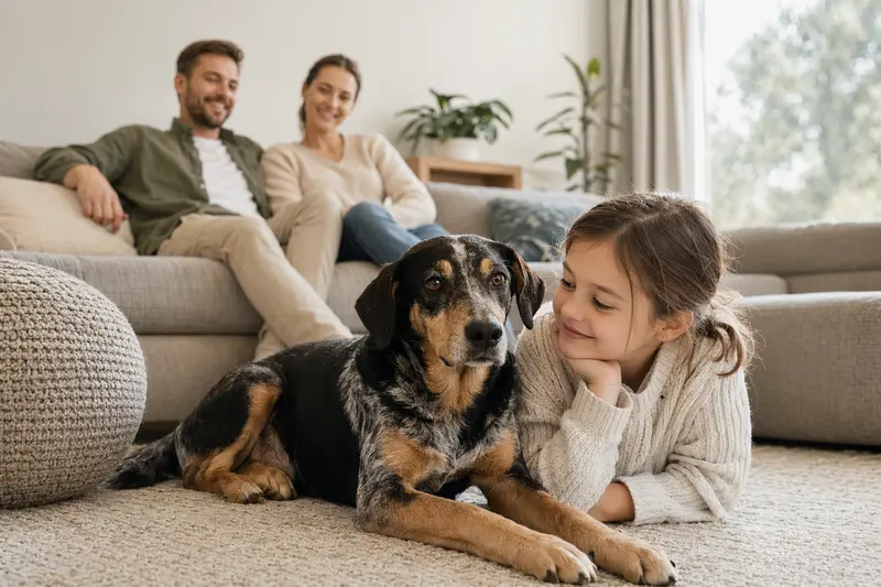 Ein Bosnische Bracke Hund entspannt neben einem Kind im Wohnzimmer und strahlt eine vertrauensvolle Atmosphäre aus.