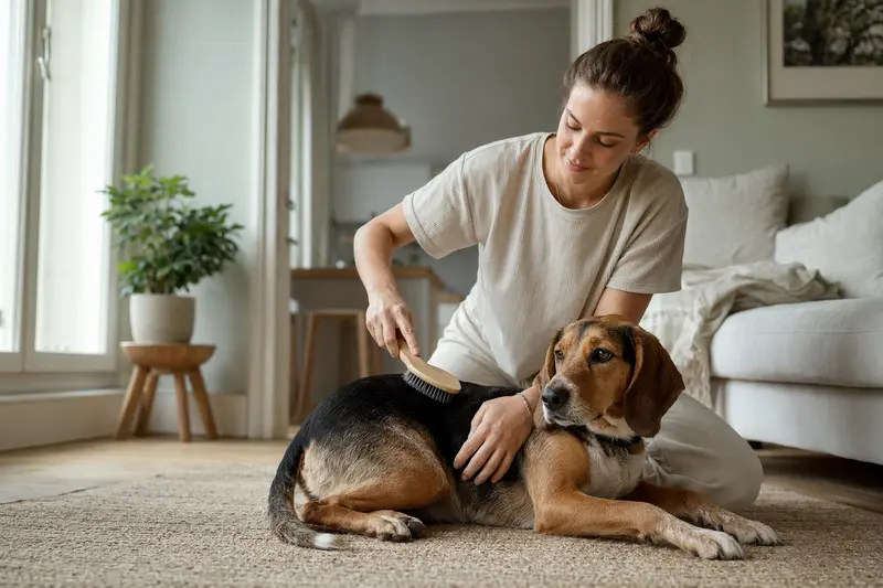 Ein Bosnische Bracke Hund wird in einer hellen Wohnung sanft gebürstet und gepflegt.
