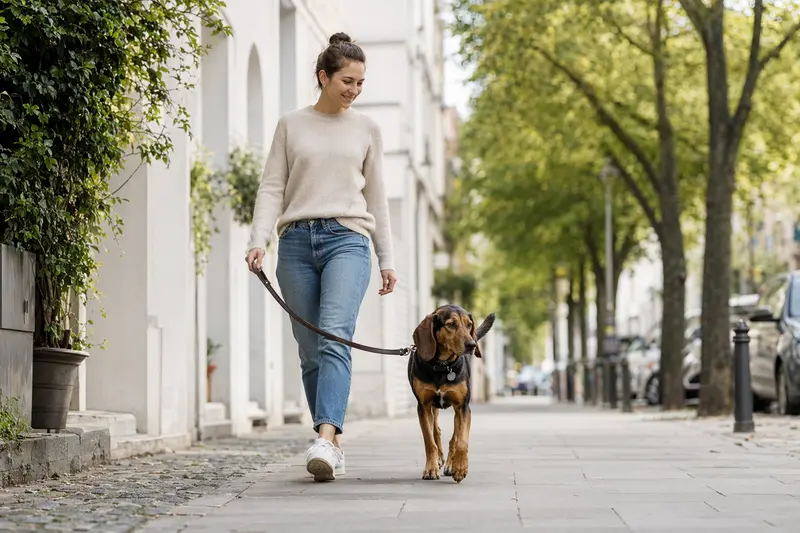 Ein Bosnische Bracke Hund läuft an der Leine mit seinem Besitzer durch eine freundliche moderne Stadtstraße.