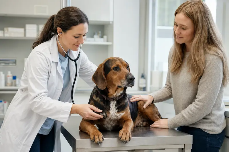 Ein ruhiger Bosnische Bracke Hund wird von einer freundlichen Tierärztin mit einem Stethoskop in einer modernen Tierarztpraxis untersucht, während der Besitzer beruhigend danebensteht.