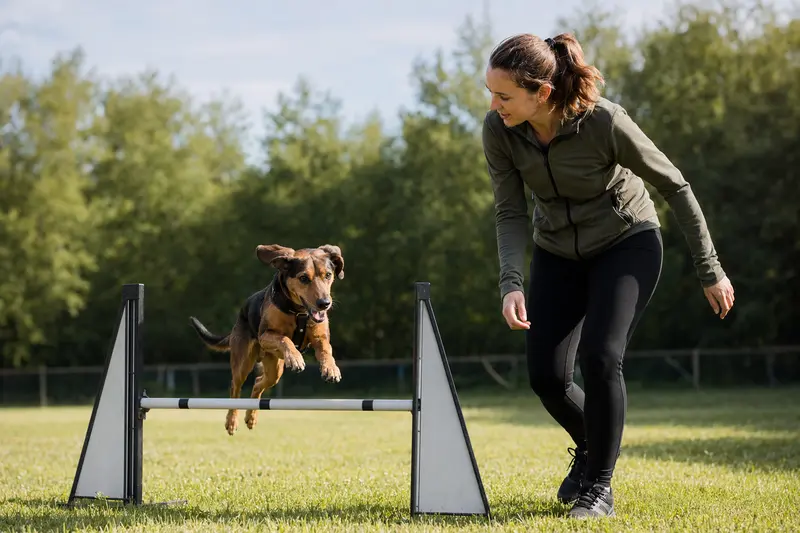 Ein Bosnische Bracke trainiert mit seinem Besitzer auf einem Hundeplatz über eine kleine Hürde.