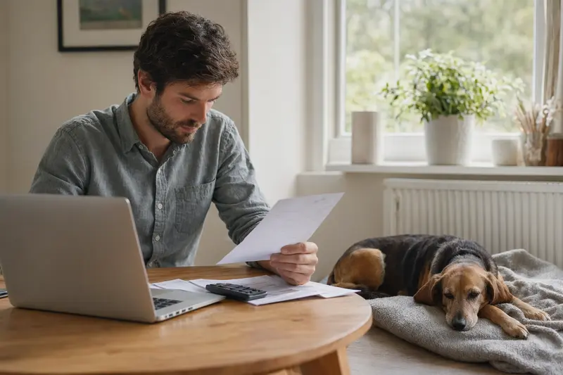 Besitzer mit Tierarztrechnung am Tisch und entspannter Bosnische Bracke auf einer Decke in heller Wohnung als Motiv zu Hundekrankenversicherung und Tierarztkosten.