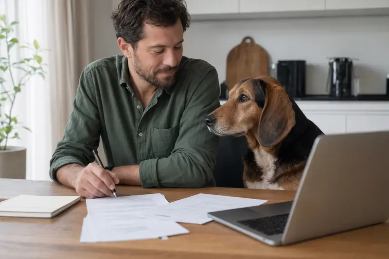 Ein Bosnische Bracke Hund sitzt friedlich neben seinem Besitzer am Küchentisch, während Versicherungsunterlagen und ein Laptop sichtbar sind.
