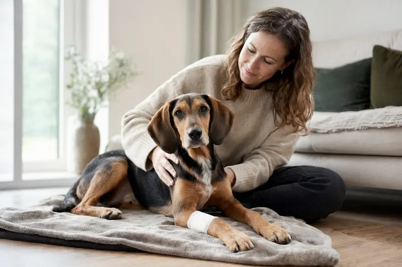 Ein Bosnische Bracke Hund mit leichtem Verband an der Pfote liegt neben seinem erleichterten Besitzer auf einer Decke in einer hellen Wohnung.