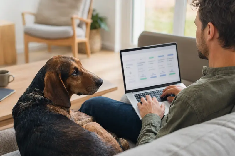 Ein Besitzer sitzt mit einem Laptop auf dem Sofa, während sein Bosnischer Bracke daneben entspannt. Der Bildschirm zeigt eine neutrale Versicherungsvergleichs-Oberfläche.