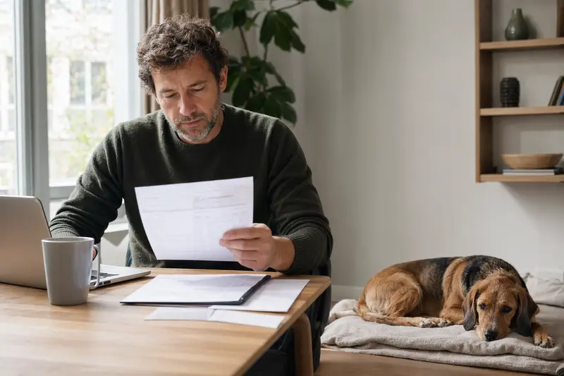 Ein Hundehalter sitzt mit einer Tierarztrechnung am Tisch, während eine entspannte Bosnische Rauhhaarbracke ruhig auf einer Decke liegt.