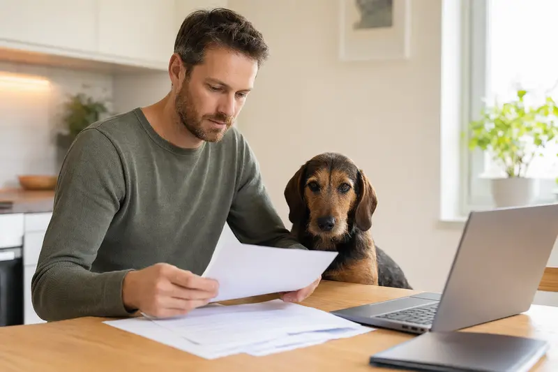 Ein Bosnischer Rauhhaarbracke Hund sitzt friedlich neben seinem Besitzer am Küchentisch, auf dem Versicherungsunterlagen und ein Laptop liegen.