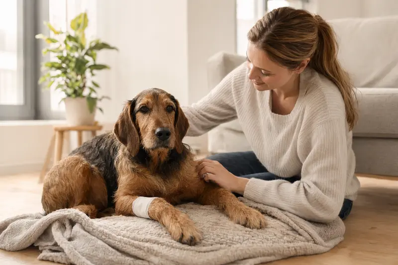 Ein Bosnische Rauhhaarbracke Hund mit leichtem Verband an der Pfote liegt entspannt auf einer Decke, während sein Besitzer beruhigt neben ihm sitzt.