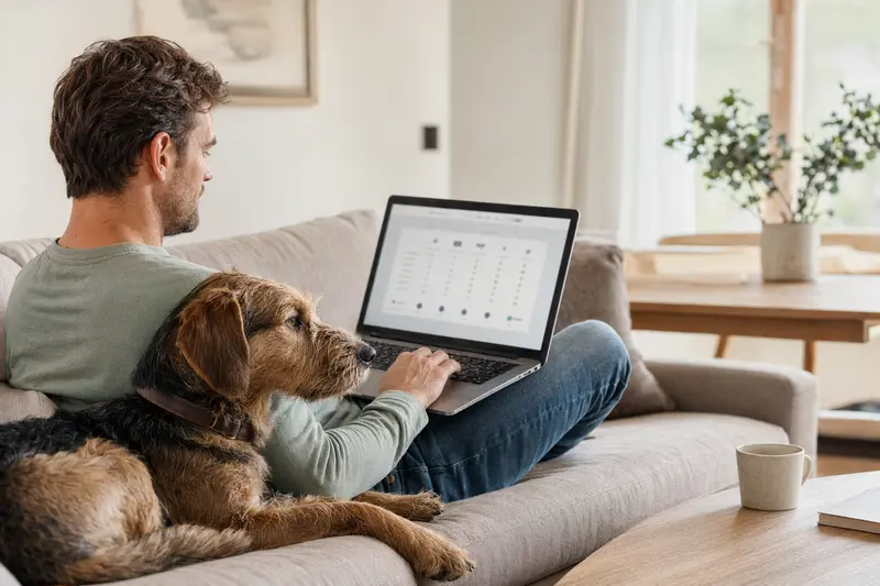 Ein Hundebesitzer sitzt mit einem Laptop auf dem Sofa, während seine bosnische Rauhhaarbracke neben ihm sitzt und eine neutrale Versicherungsvergleichsseite betrachtet.