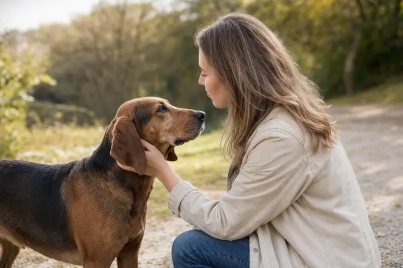 Ein aufmerksamer Bosnischer Laufhund steht in natürlicher Haltung vor hellem Hintergrund und wird als professionelles Hundeportrait gezeigt.
