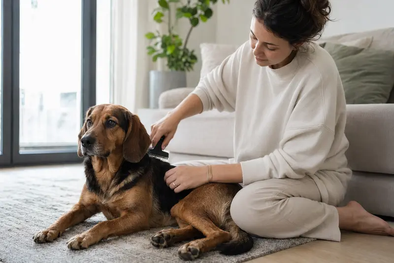Ein Bosnischer Laufhund wird in einer hellen Wohnung sanft gebürstet, während sein Besitzer liebevoll auf Fellpflege und Gesundheit achtet.