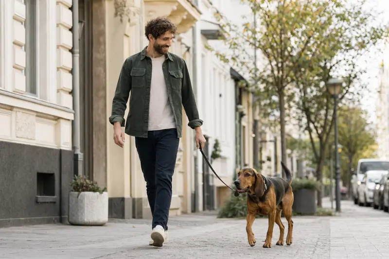 Ein Bosnischer Laufhund läuft an der Leine mit seinem Besitzer durch eine moderne Stadtstraße.