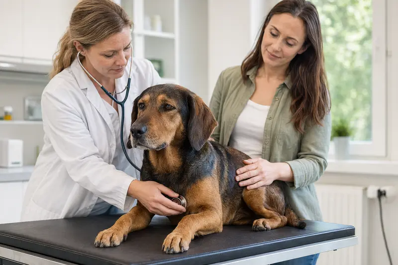 Ein Bosnischer Laufhund wird von einer freundlichen Tierärztin untersucht.
