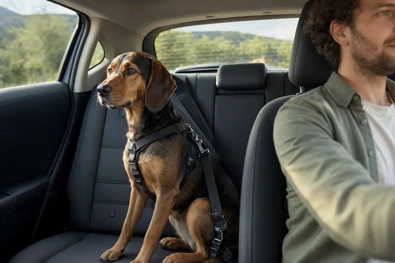 Ein bosnischer Laufhund sitzt sicher angeschnallt auf der Rückbank eines Autos, während das Sonnenlicht durch das Fenster strömt.