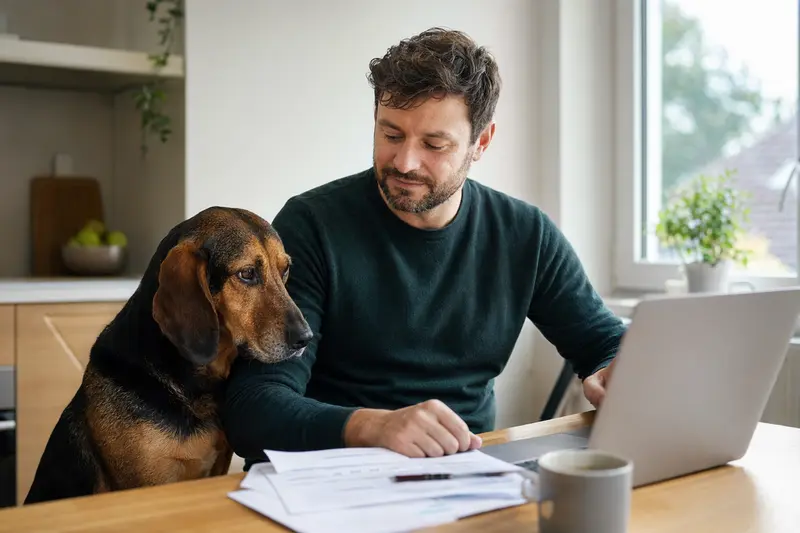 Ein Bosnischer Laufhund sitzt entspannt neben seinem Besitzer am Küchentisch mit Versicherungsunterlagen.