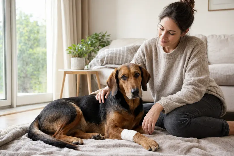 Ein Bosnischer Laufhund mit leichtem Verband an der Pfote liegt entspannt auf einer Decke, während sein erleichterter Besitzer neben ihm sitzt.