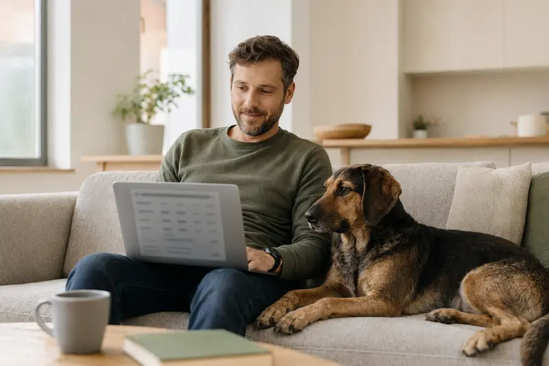 Ein Hundebesitzer sitzt auf dem Sofa mit einem Laptop, während ein Bosnischer Laufhund neben ihm liegt und die Versicherungsvergleichsseite unscharf auf dem Bildschirm zu sehen ist.
