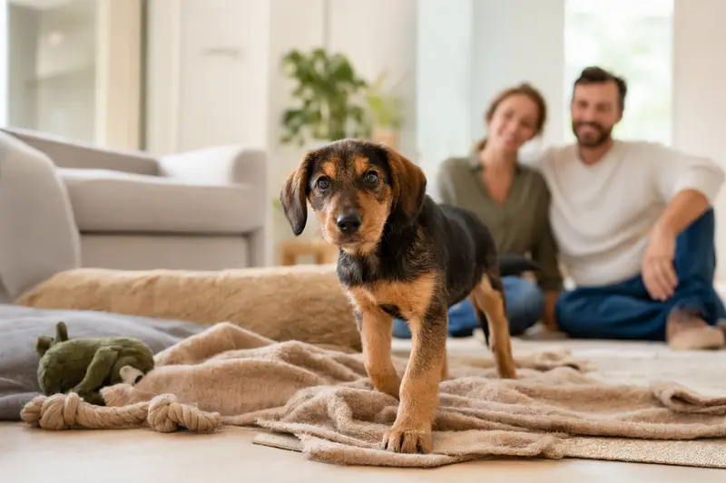 Ein neugieriger bosnischer Laufhund Welpe erkundet seine freundliche Wohnung mit Spielzeug und einer weichen Decke.