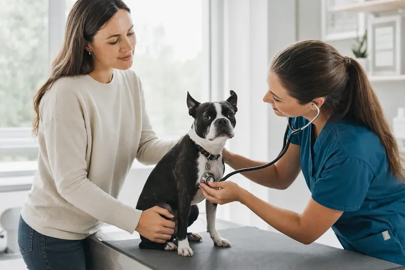 Ein Boston Terrier auf einem Untersuchungstisch wird von einer Tierärztin mit einem Stethoskop in einer modernen Tierarztpraxis untersucht, während der Besitzer beruhigend daneben steht.