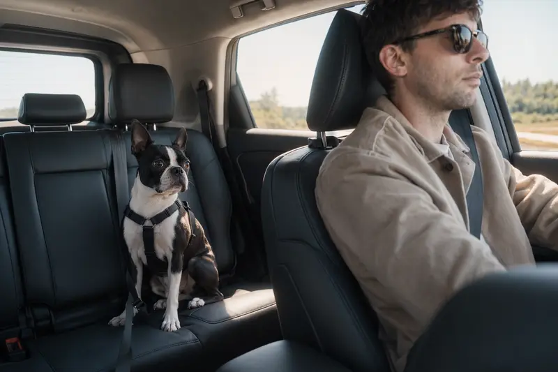 Ein Boston Terrier sitzt sicher angeschnallt auf der Rückbank eines Autos, während die Sonne durch das Fenster scheint.
