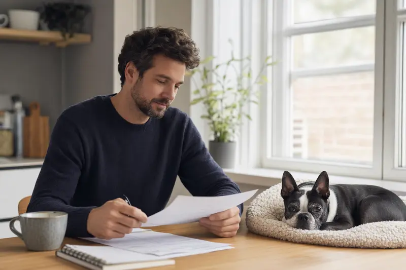 Ein Boston Terrier liegt entspannt auf einer Decke, während sein Besitzer am Tisch eine Tierarztrechnung prüft, passend zum Thema Hundekrankenversicherung.
