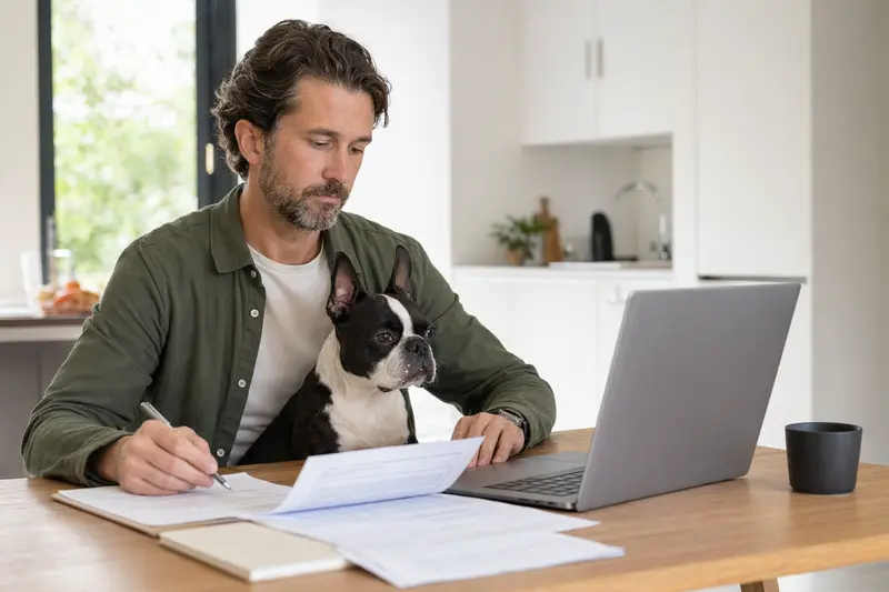 Ein Boston Terrier sitzt freundlich neben seinem Besitzer am Küchentisch, auf dem Versicherungsunterlagen und ein Laptop liegen.