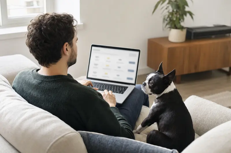 Ein Hundebesitzer untersucht Versicherungsoptionen am Laptop, während sein Boston Terrier neben ihm sitzt.