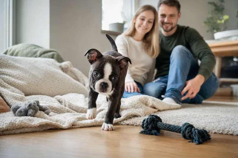 Ein neugieriger Boston Terrier Welpe erkundet glücklich sein neues Zuhause mit einer weichen Decke und Spielzeug.