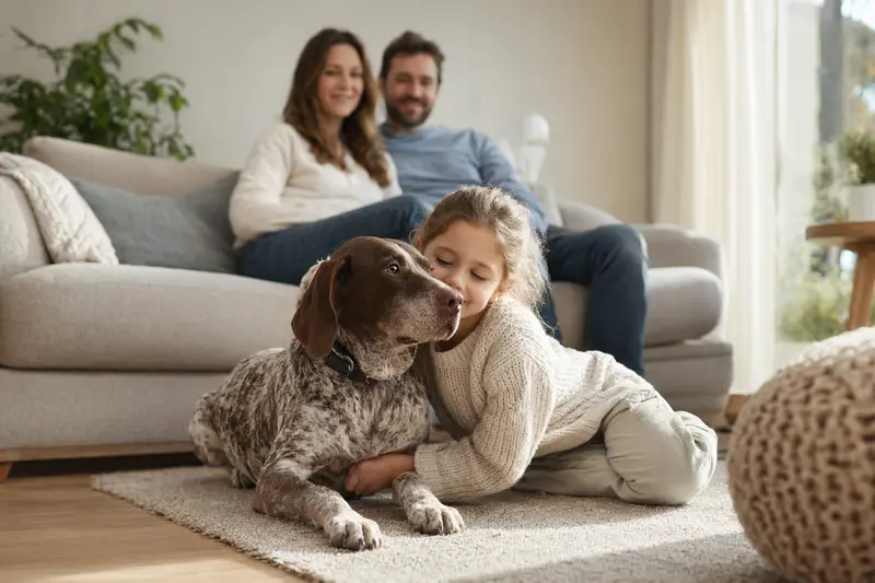 Ein freundlicher Bourbonnais-Vorstehhund entspannt neben einem Kind im Wohnzimmer, umgeben von Eltern in einer warmen, sicheren Atmosphäre.