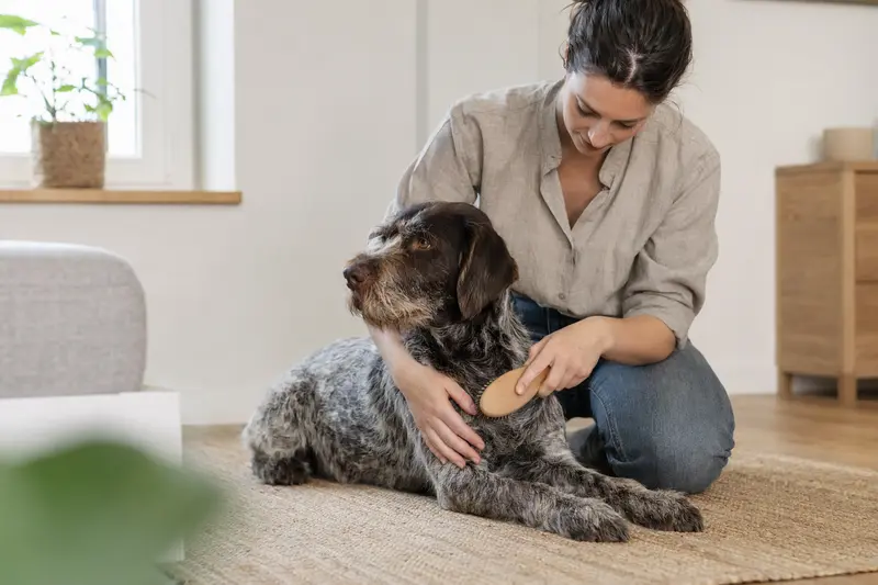 Ein Bourbonnais-Vorstehhund wird zuhause sanft gebürstet, während sein Besitzer liebevoll die Fellpflege übernimmt.