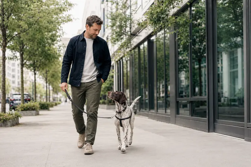 Ein Bourbonnais-Vorstehhund läuft an der Leine mit seinem Besitzer durch eine saubere, moderne Stadtstraße.
