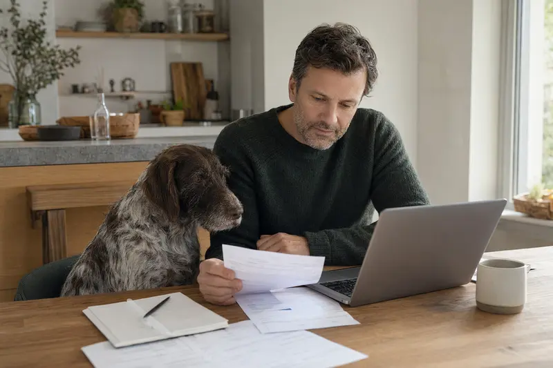Ein Bourbonnais-Vorstehhund sitzt entspannt neben seinem Besitzer am Küchentisch, während Versicherungsunterlagen und ein Laptop zu sehen sind.